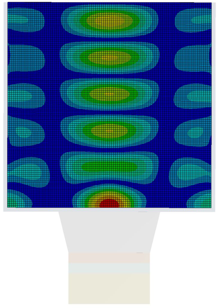 FEM-Simulation der Stehwelle in einem Wasserbad für Ultraschallreinigung, darunter Ultraschall-Reinigungswandler